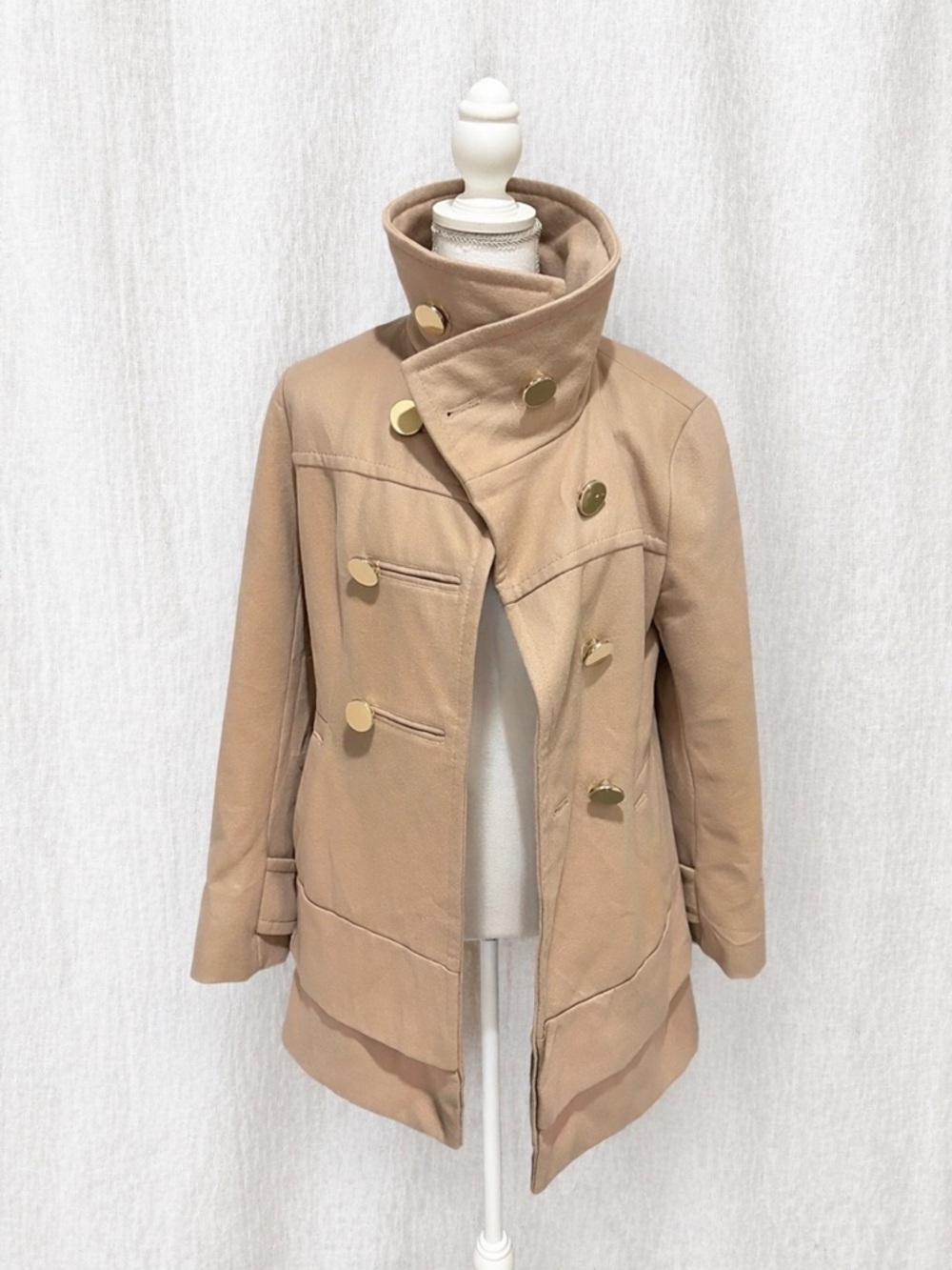 Kenneth Cole New York Tan Double-Breasted High Collar Pea Coat